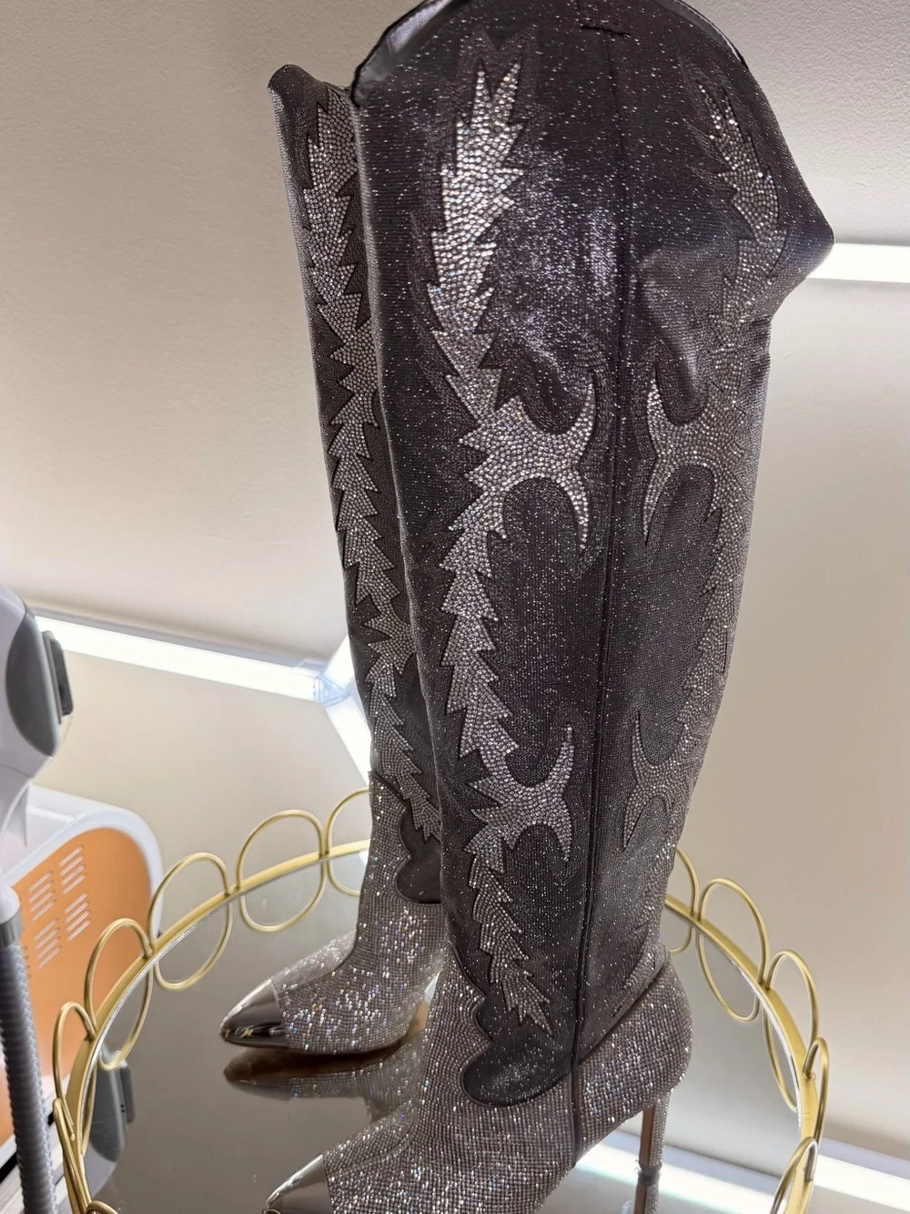 Gianni Bini Katyanna Rhinestone OTK Boots 6.5 Silver Like New